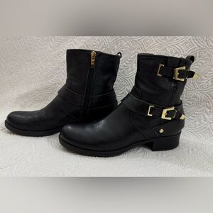 Marc Fisher Vienna Black Leather Biker Boots Moto Buckle Zipper Ankle US 7.5